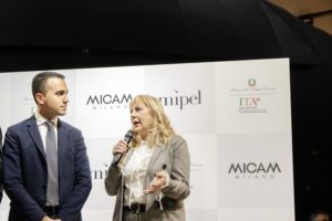 Milan, Italy. 10/02/2019. Opening event at MICAM87 with the visit of Italian Vice Prime Minister and Minister of Labor Luigi di Maio in the picture with Annarita Pilotti President of MICAM).